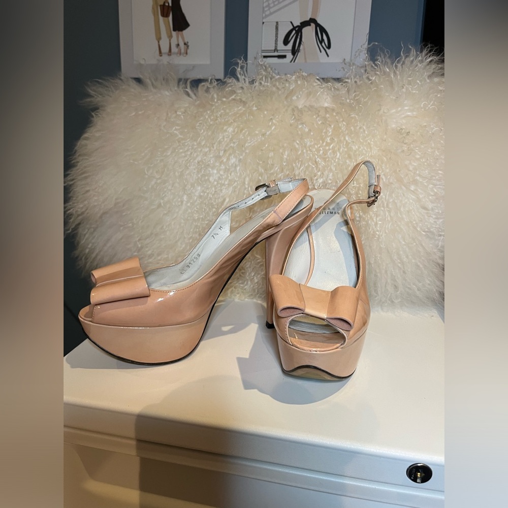 Stuart Weitzman Blush Patent Leather Peep Toe Slingback Heels with Bow.